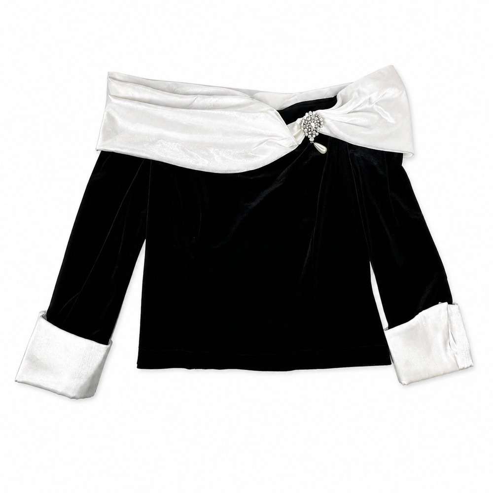 Cachet Womens Velvet Off Shoulder Evening Top Black White Rhinestone Brooch